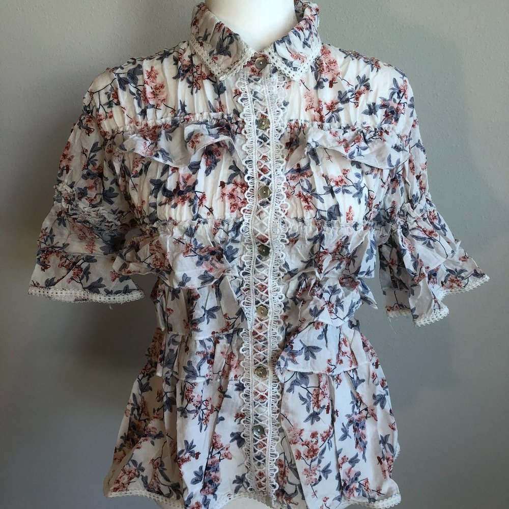 POL Floral Button-Down Shirt with Pink and Blue Flowers